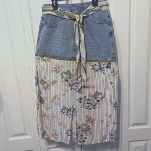 Handmade Upcycled Denim Jean Skirt-Sz. Small-Blue/Green/Floral Long Slit Skirt